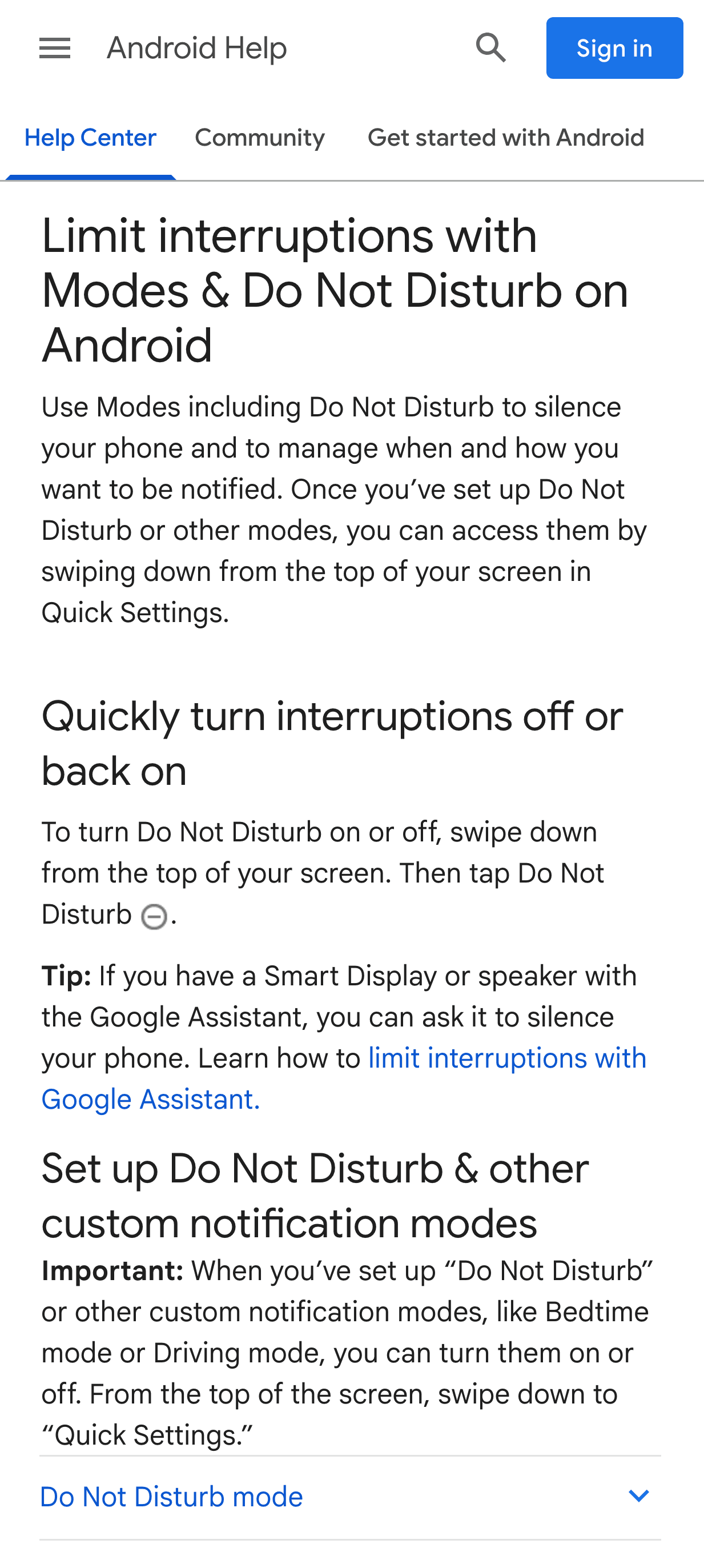Google's official Android Modes and Do Not Disturb help documentation